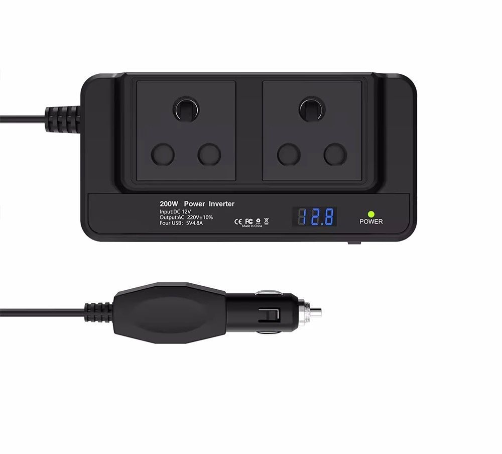 200W 12V to 220V Car Power Inverter with 2 AC Sockets and 4 USB Ports