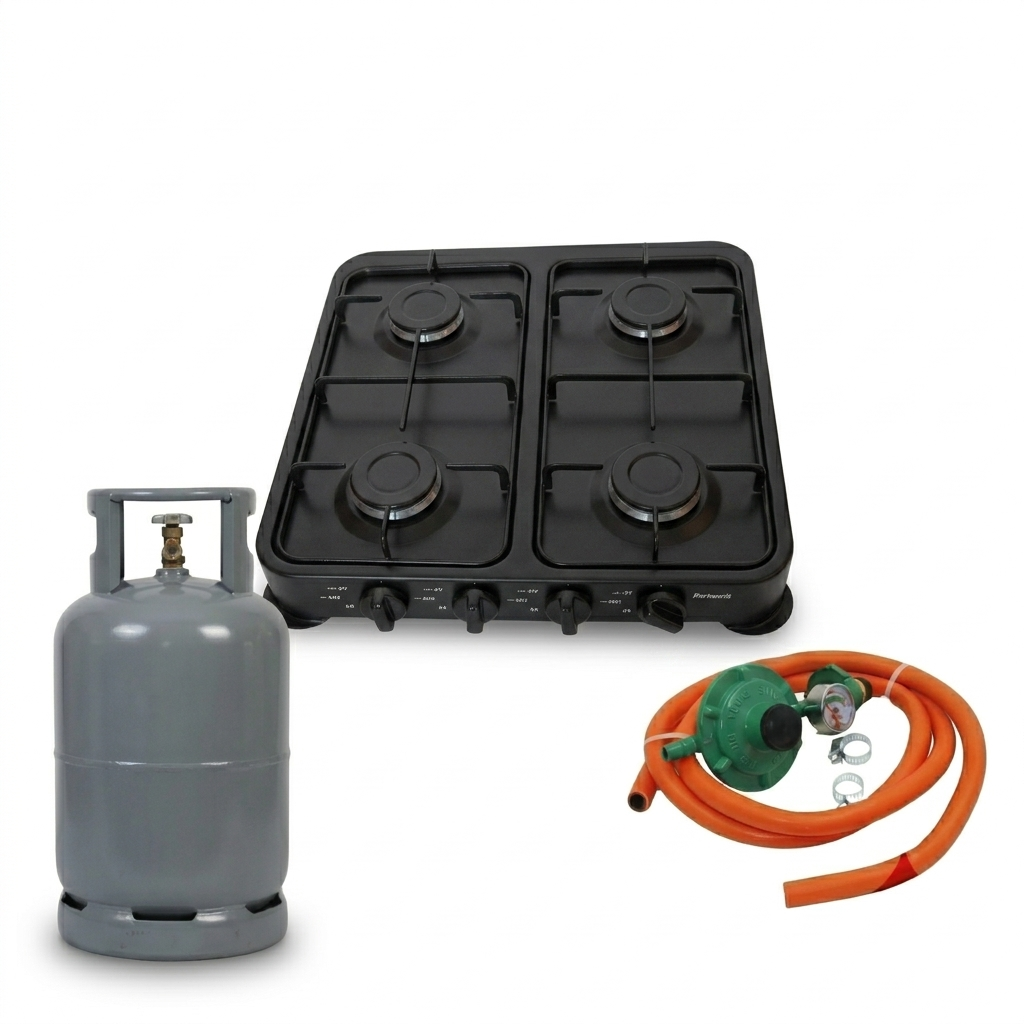 4-Burner Gas Stove & 9kg Cylinder Combo Kit with Fittings