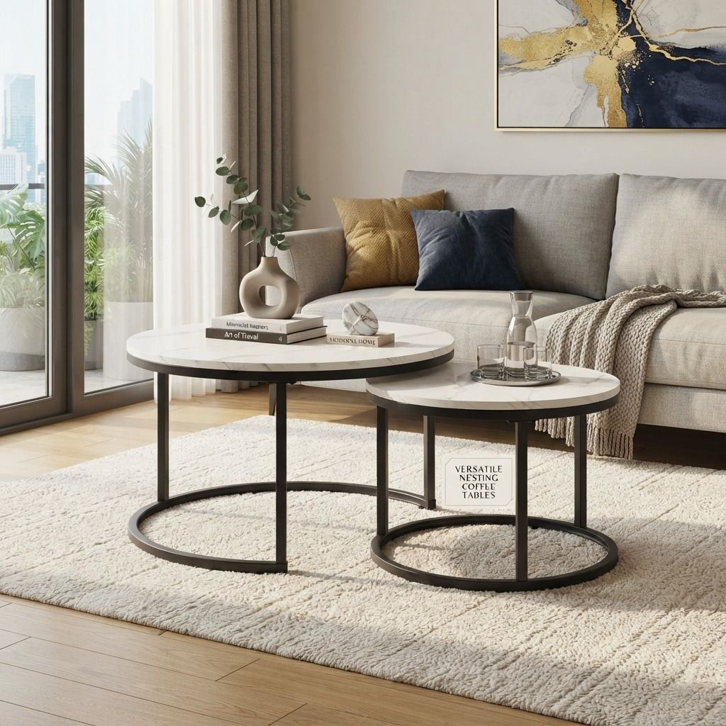 2-Piece Round Nested Coffee Table Set with Wood Finish & Metal Frame