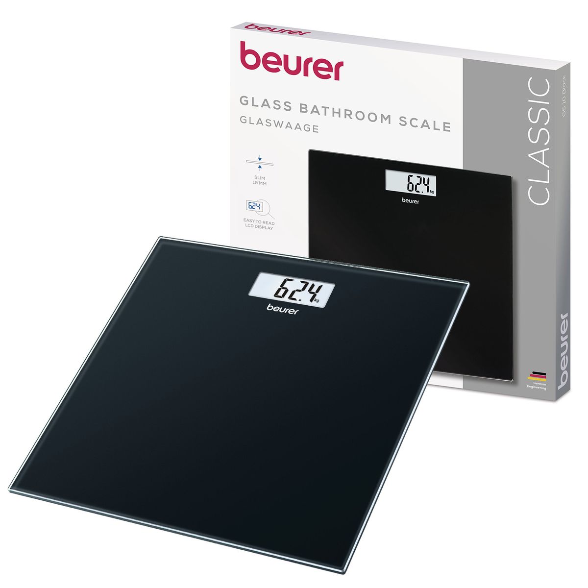 Beurer Bathroom Scale GS 10 Black Glass: Compact, Space-Saving Design 180kg
