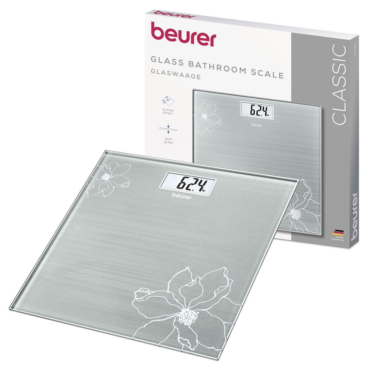 Beurer Bathroom Scale GS 10 Silver-Grey Glass & Flower Motif, Compact 180kg