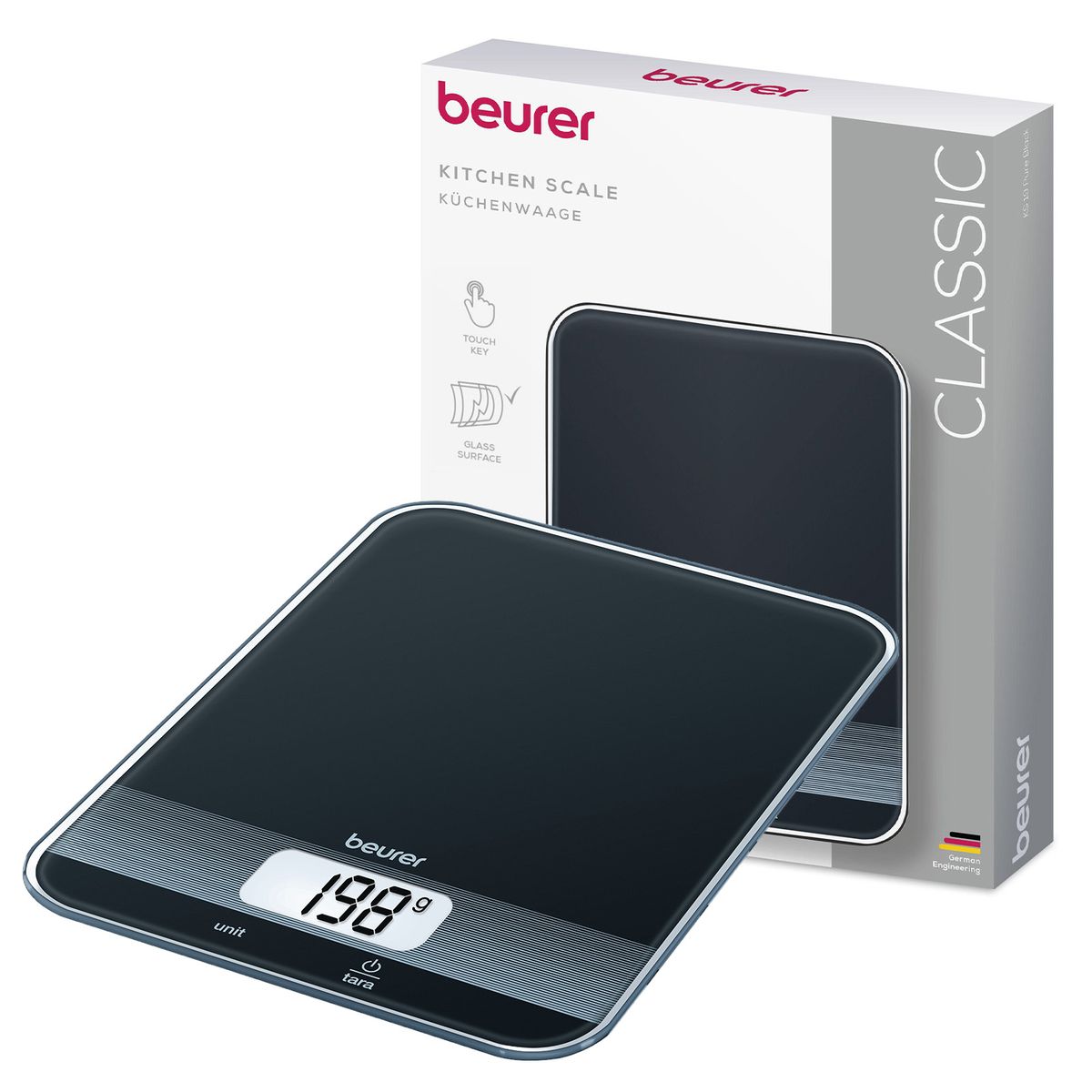 Beurer Germany Kitchen Scale: Digital. 1g-5kg. Tare Mode. KS 19 Black Glass