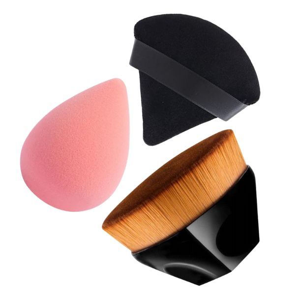 Makeup Foundation Brush, Beauty Blender & Triangular Fan Powder Puff - Set