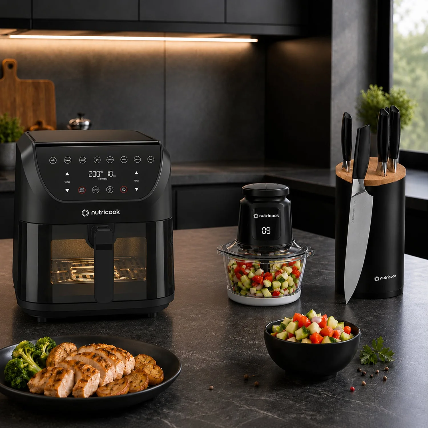 Nutricook Air Fryer Family Bundle - Slim XXL 2 8L + Choppi XL + Knife Set