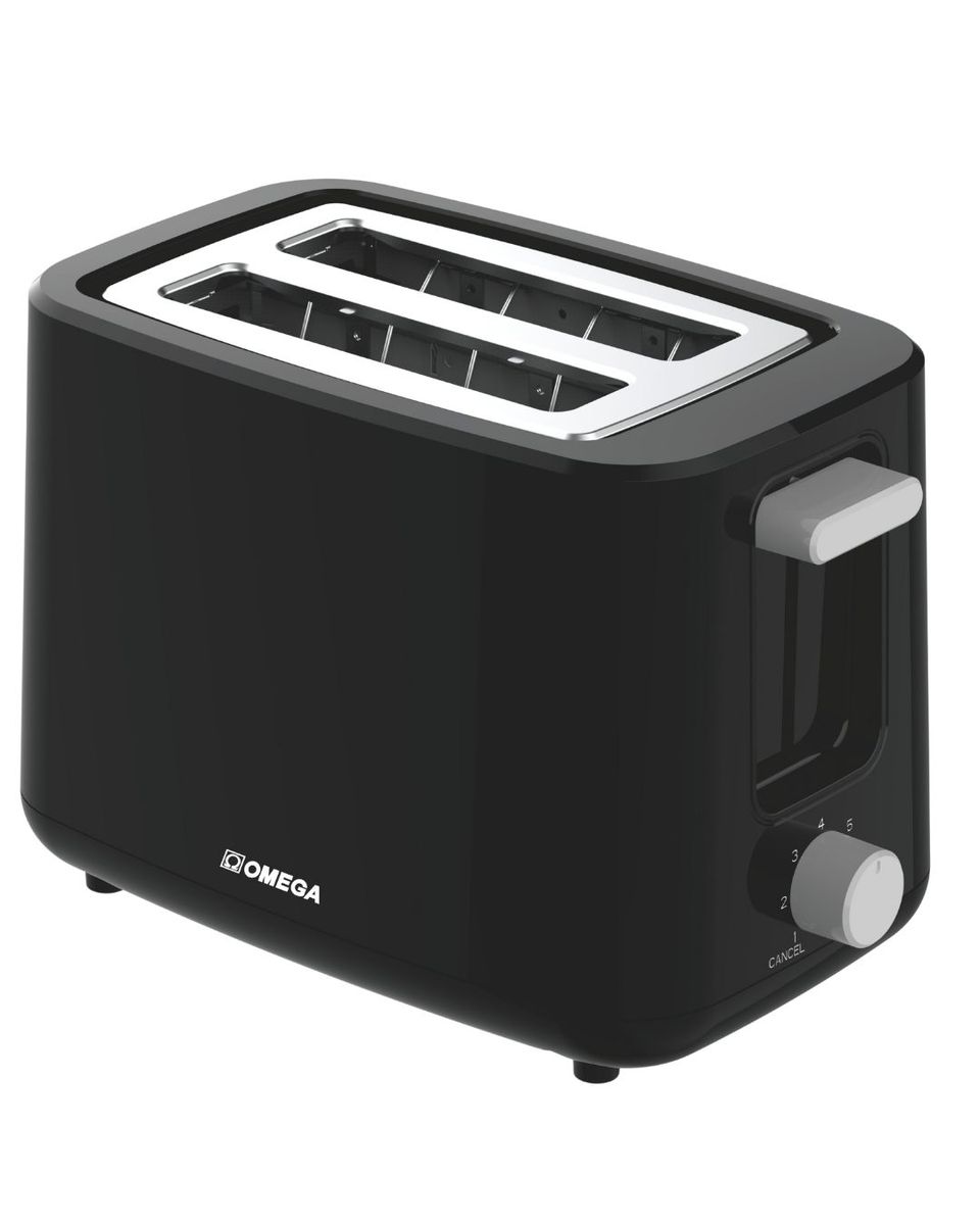 Omega 2-Slice Shiny Black Toaster with 7 Toasting Levels & Anti-Slip Base