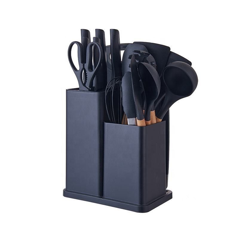 Silicone Utensil Set with Knife, Spoons & Storage Rack (19 Piece)