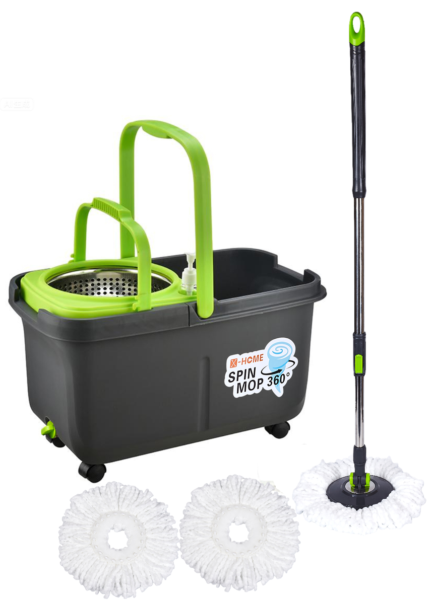 X-HOME Spin Mop 360 x3 Microfiber Heads x4 Wheels xRemovable Spin Bucket